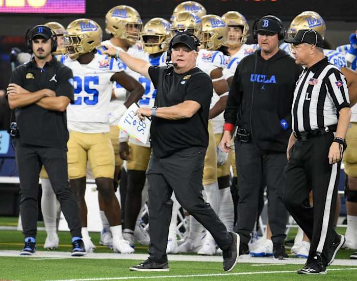 UCLA Bruins head coach Chip Kelly reacts during the first quarter against the Boise State Broncos in the Starco Brands LA Bowl at SoFi Stadium. Robert Hanashiro-USA TODAY Sports